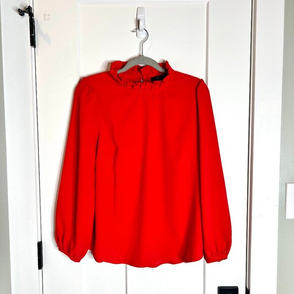 J.Crew Ruffleneck Top in 365 Crepe Bright Red Preppy Career Balloon Sleeve M NWT - Picture 1 of 6